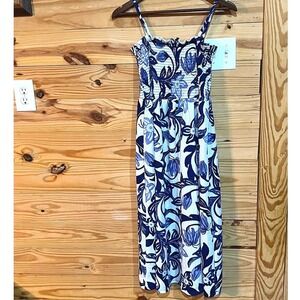 H&M Blue White Floral Smocked Midi Dress Women's Large Spaghetti Strap Boho